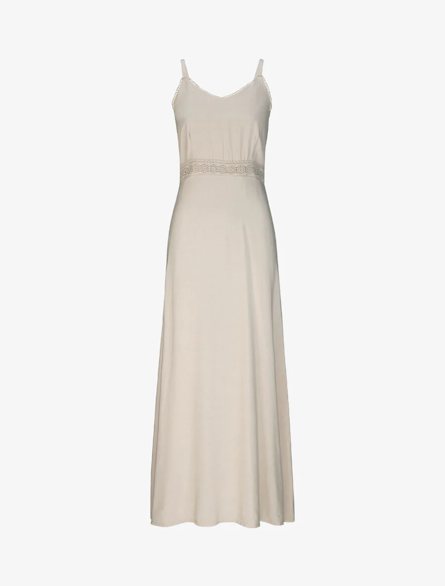 Effen lange uitlopende jurk met kanten taille - Beige