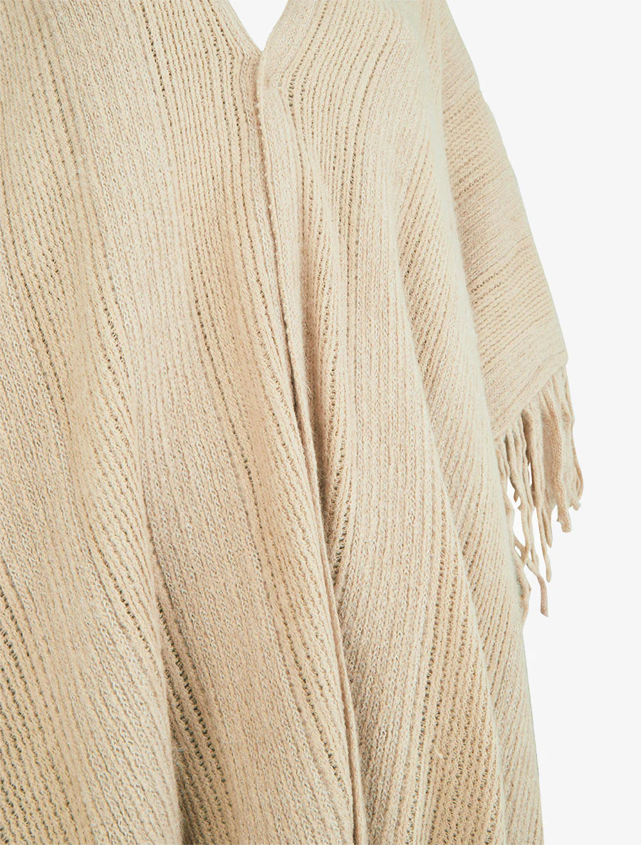 Effen middellange poncho met franjes - Beige - Image 3