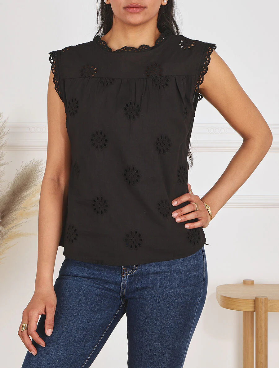 Effen mouwloze blouse met bloemmotief - Zwart - Image 4