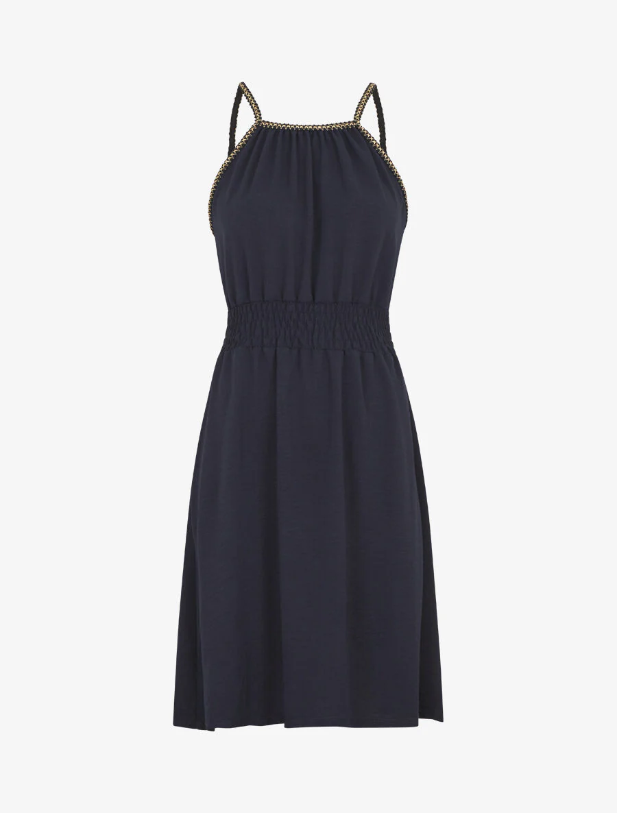 Effen mouwloze jurk met elastische tailleband - Marineblauw