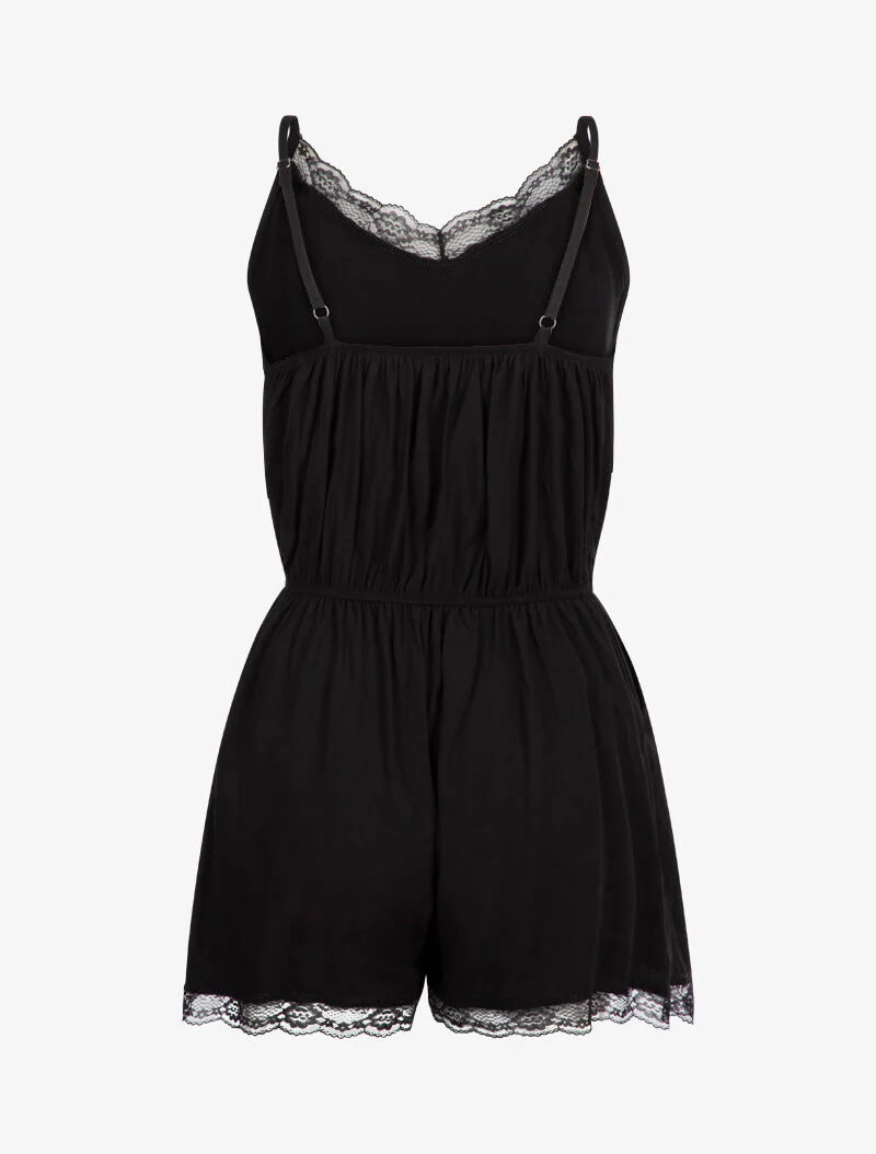 Effen playsuit met kanten randen - zwart - Image 3