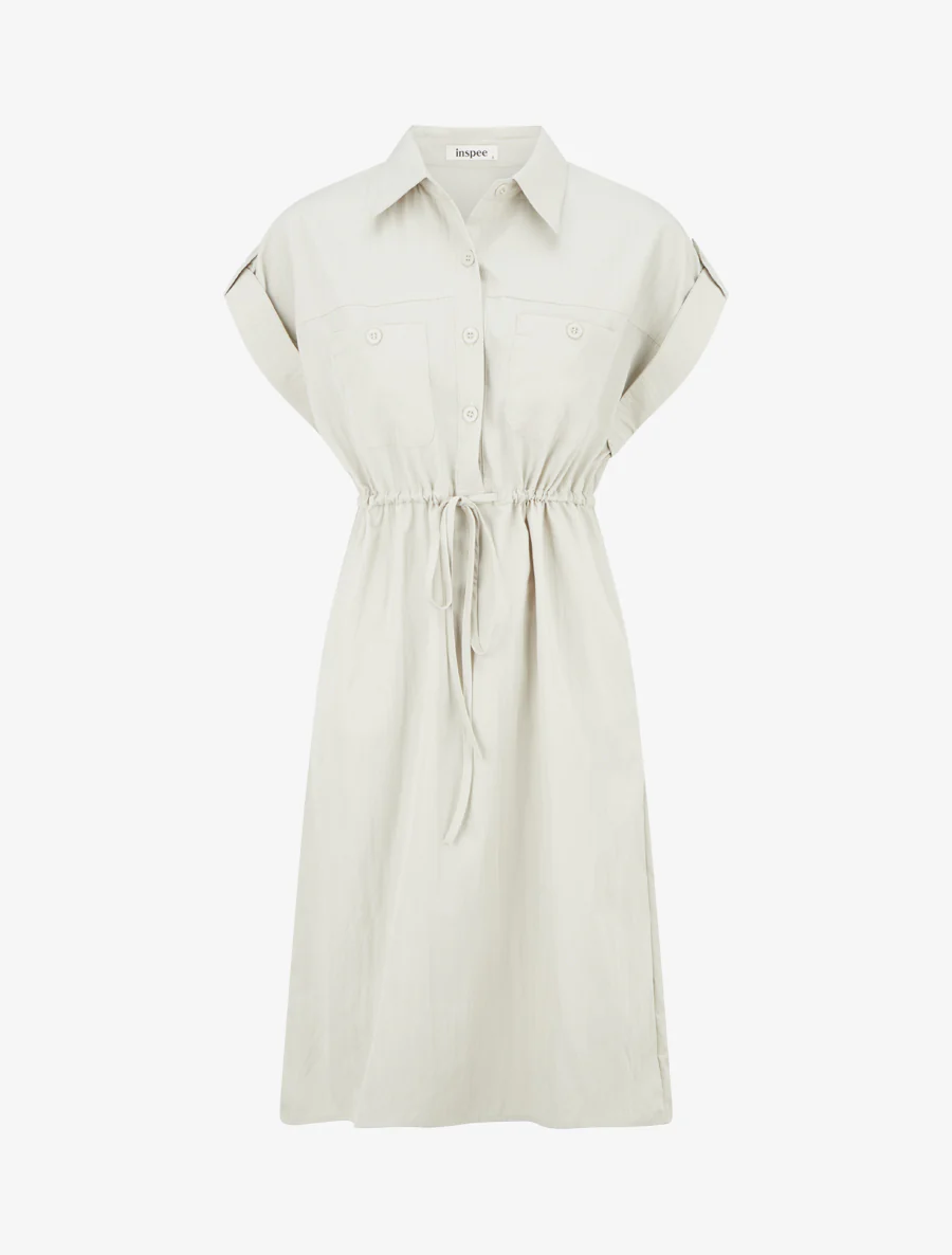 Effen, recht jurk met korte mouwen - Beige