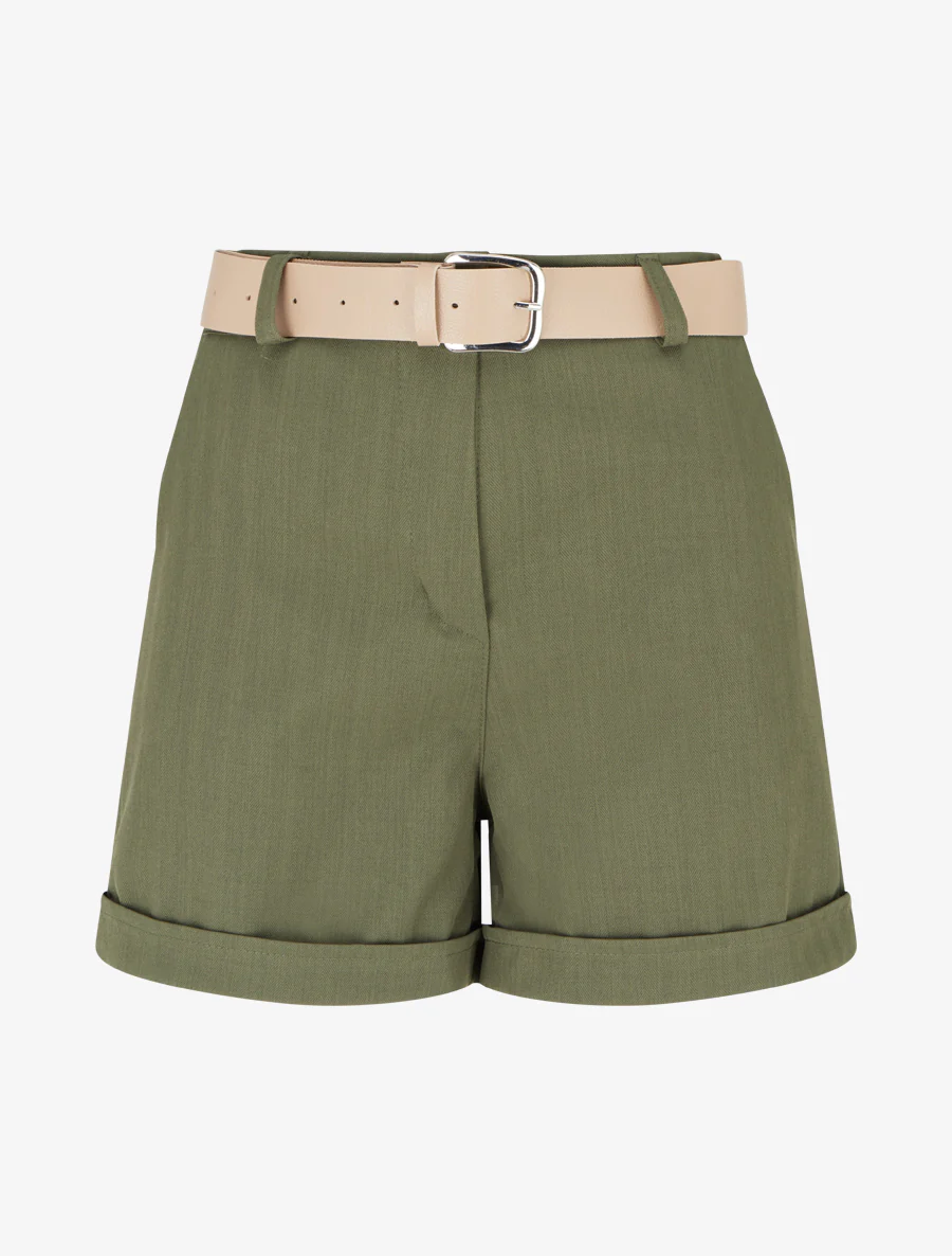 Effen short met ceintuur en zoom - Kaki