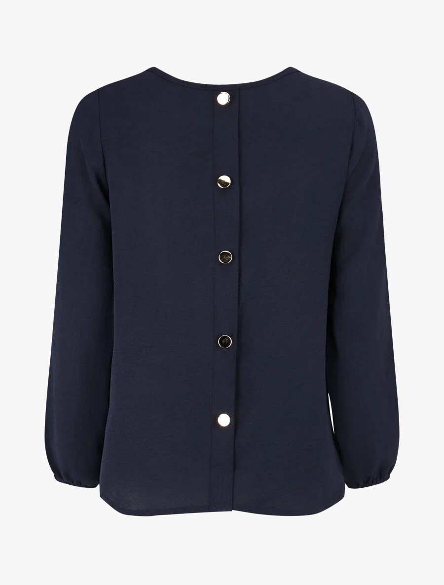 Effen soepele blouse met sierknopen op de rug - Marineblauw - Image 2