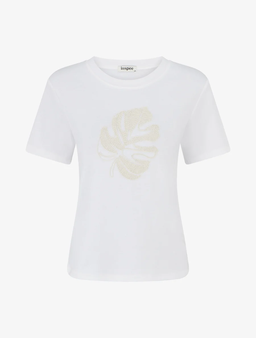 Effen T-shirt met bladborduurwerk - Wit