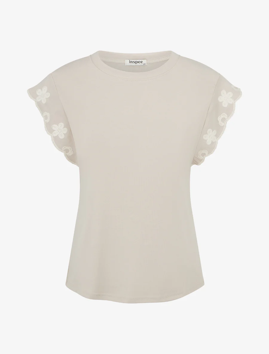 Effen T-shirt met bloemenmotief - Beige