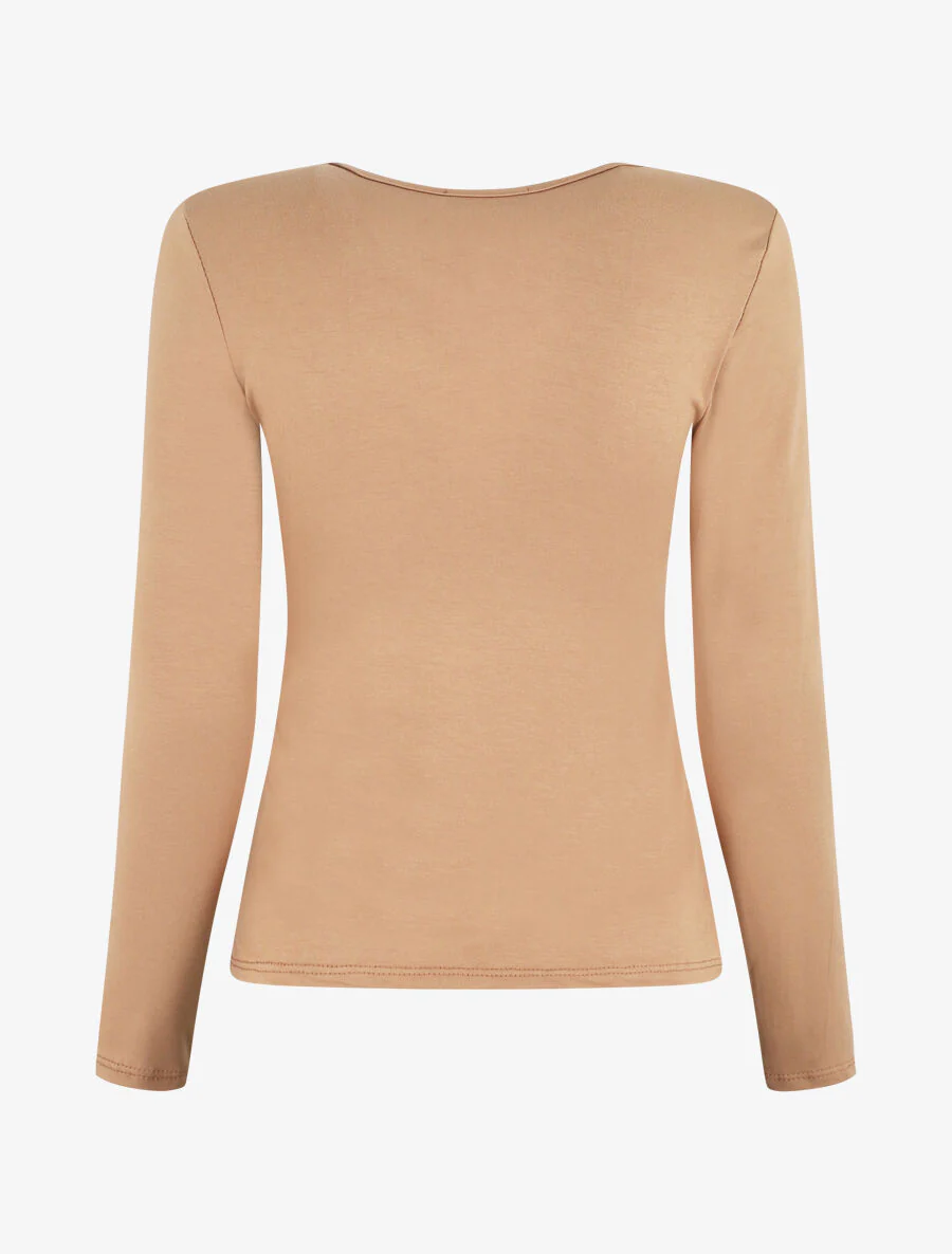Effen top met lange mouwen en V-hals - camel - Image 2