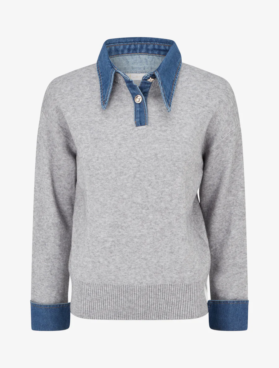 Effen trui met denim inzetstuk - Grijs
