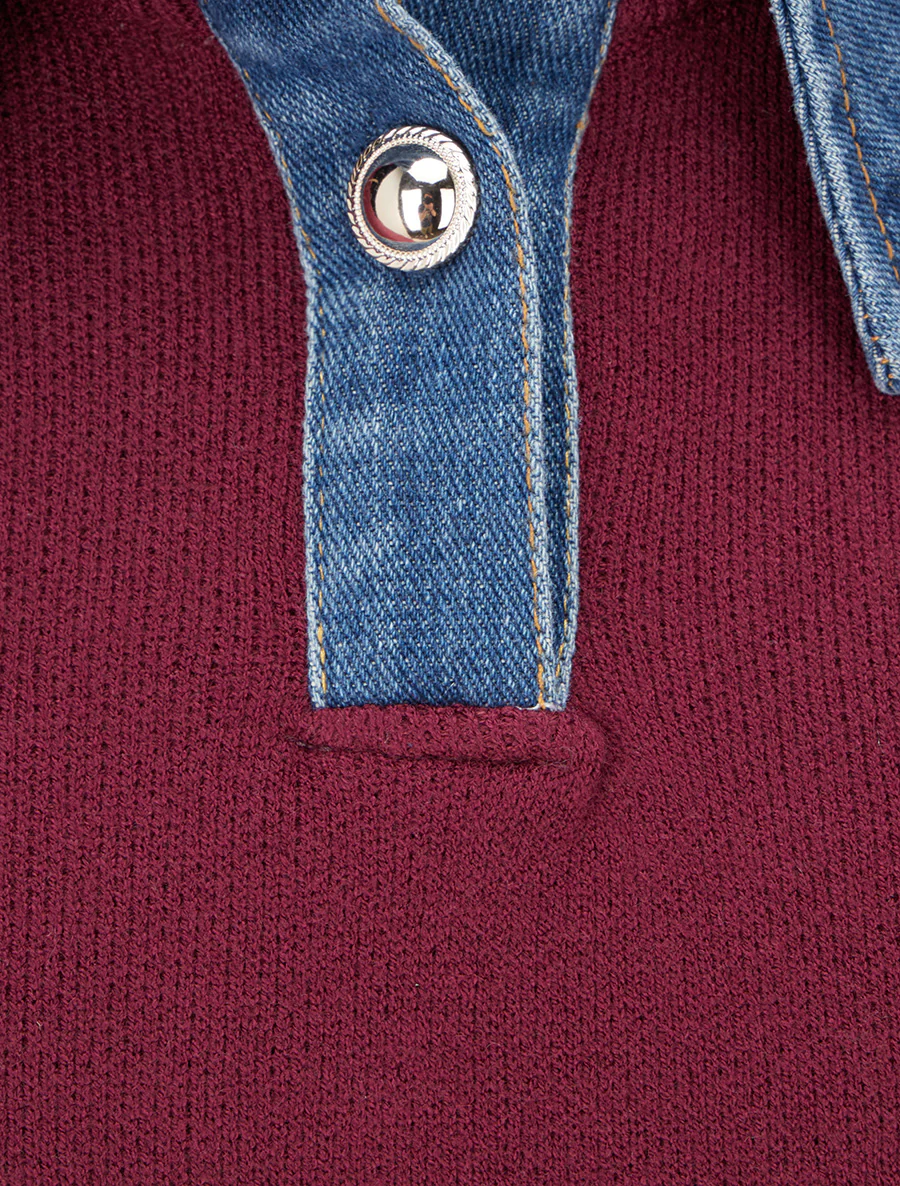 Effen trui met denim inzetstuk - Wijnrood - Image 3