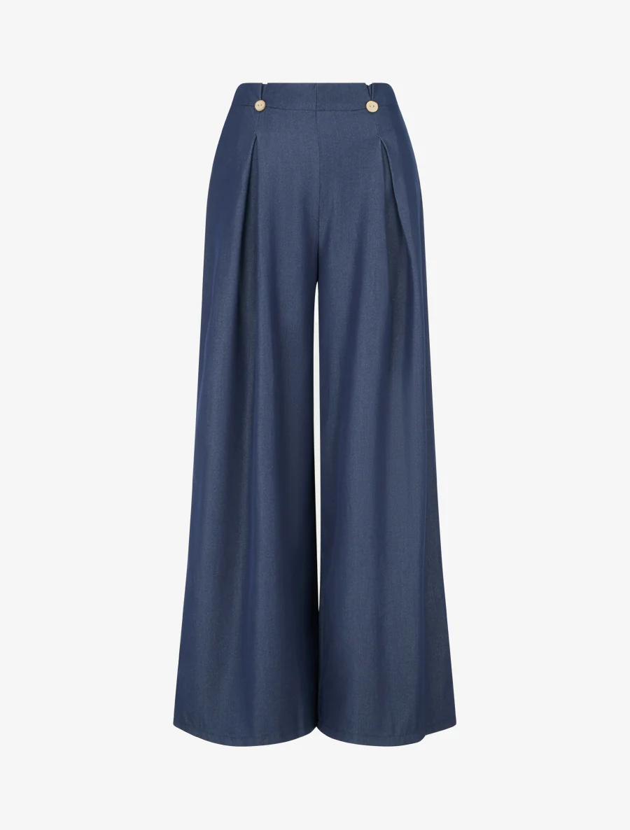 Effen vloeiende broek met knoopsluiting. - Ongerept blauw