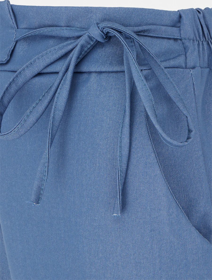 Effen vloeiende broek met strikbanden - Blauw - Image 3