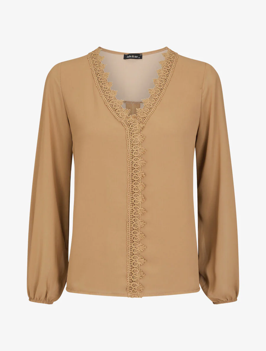 Effen voile blouse met geborduurde kraag - Kameel
