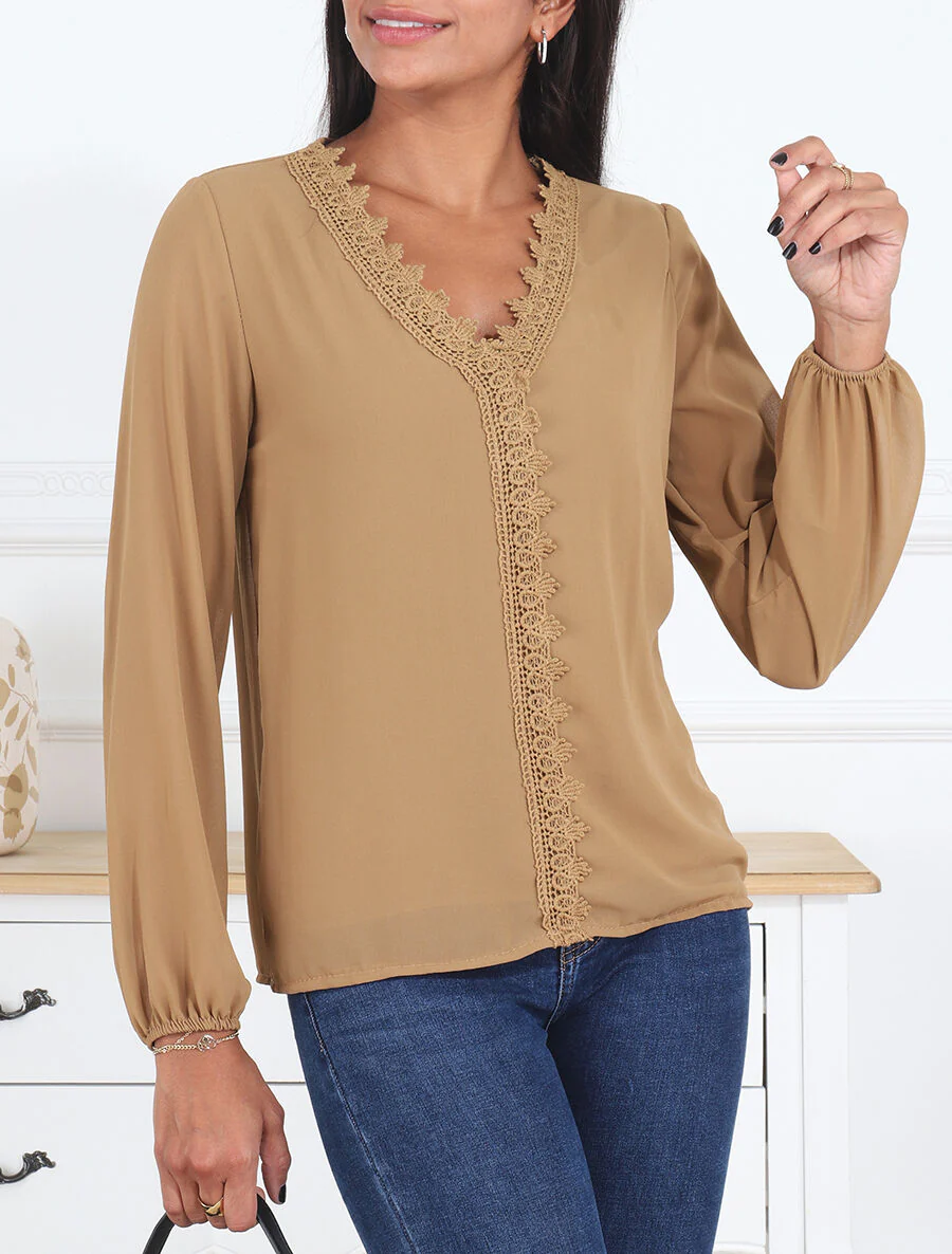 Effen voile blouse met geborduurde kraag - Kameel - Image 4