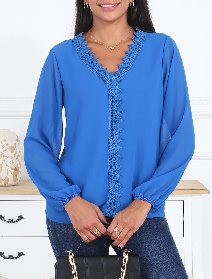 Effen voile blouse met geborduurde kraag - koningsblauw - Image 4