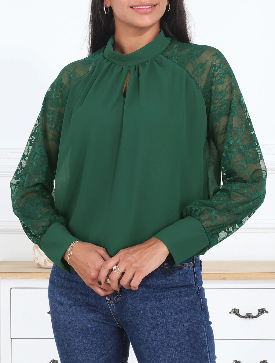 Effen voile blouse met kanten mouwen - Dennengroen - Image 4