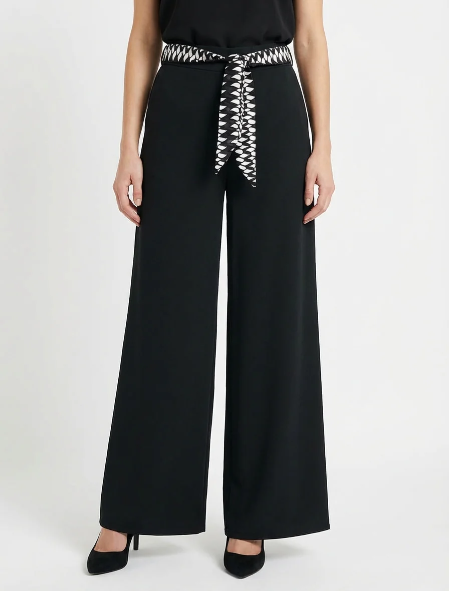 Effen wijde broek met ceintuur - Zwart - Image 4