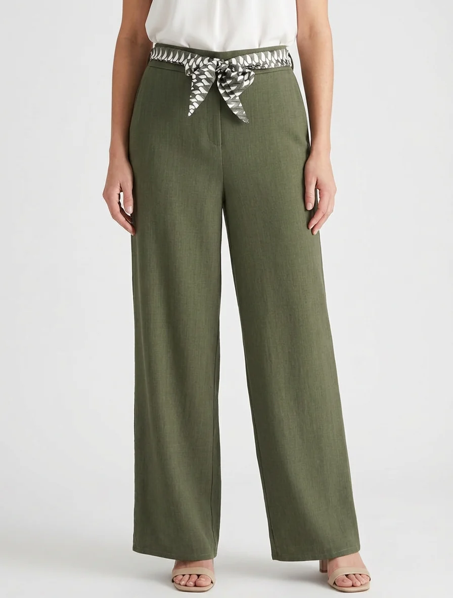 Effen wijde broek met ceintuur - Kaki - Image 4