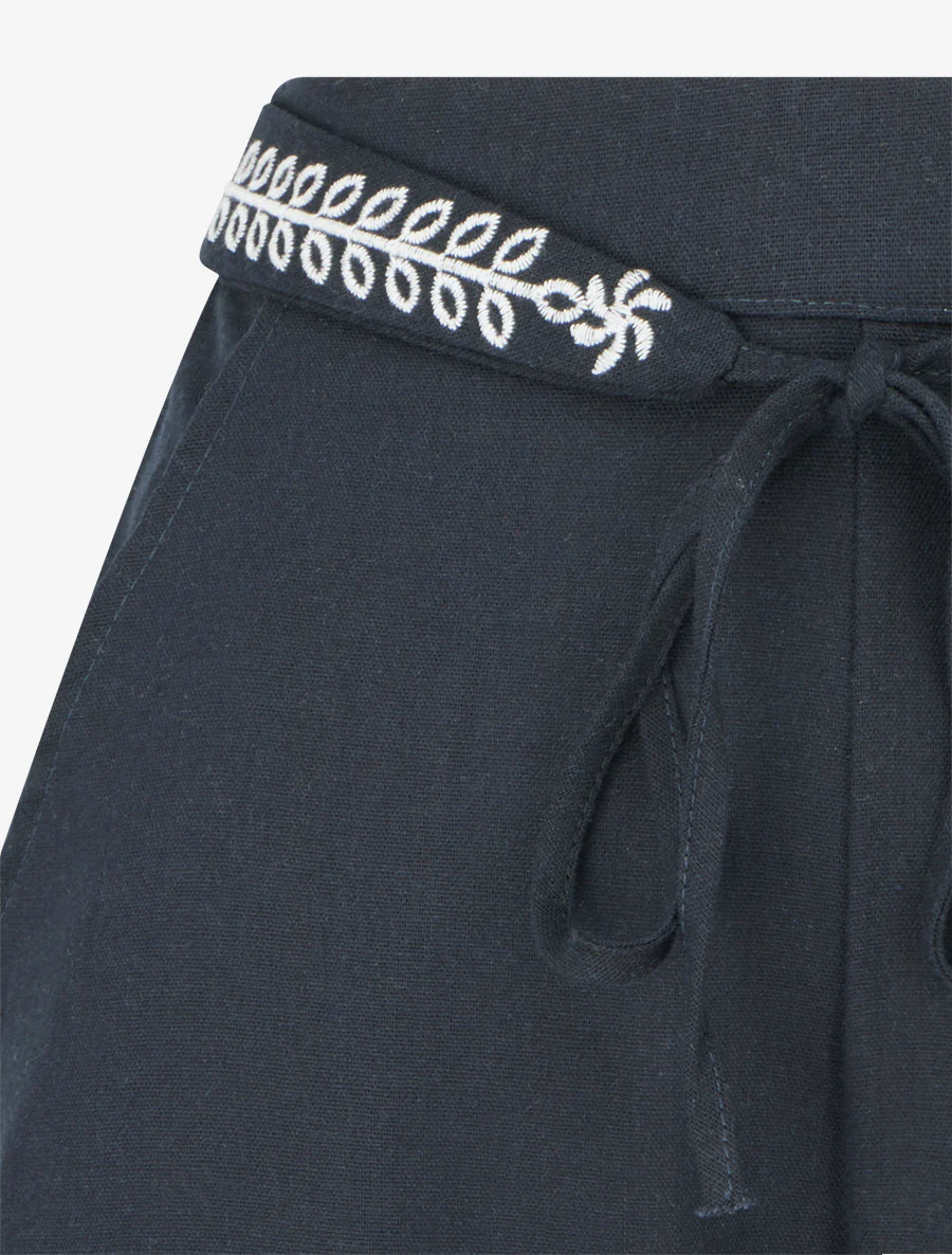 Effen wijde broek met geborduurde riem - Nachtblauw - Image 3