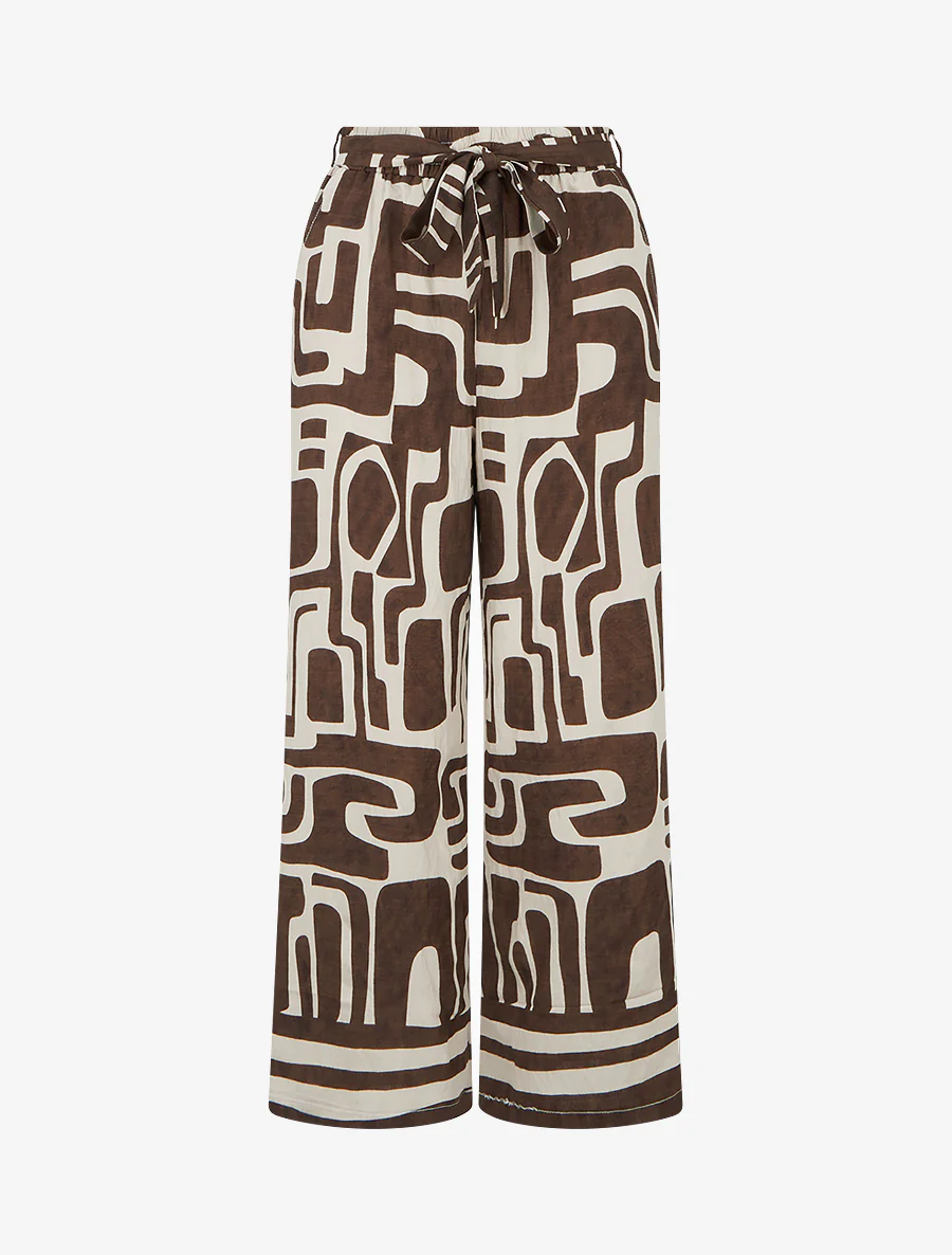 Elastische broek met rechte snit en fantasieprint - Bruin