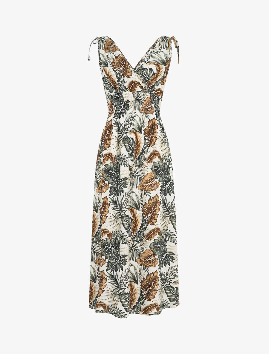 Elastische lange jurk met bladerenprint - wit
