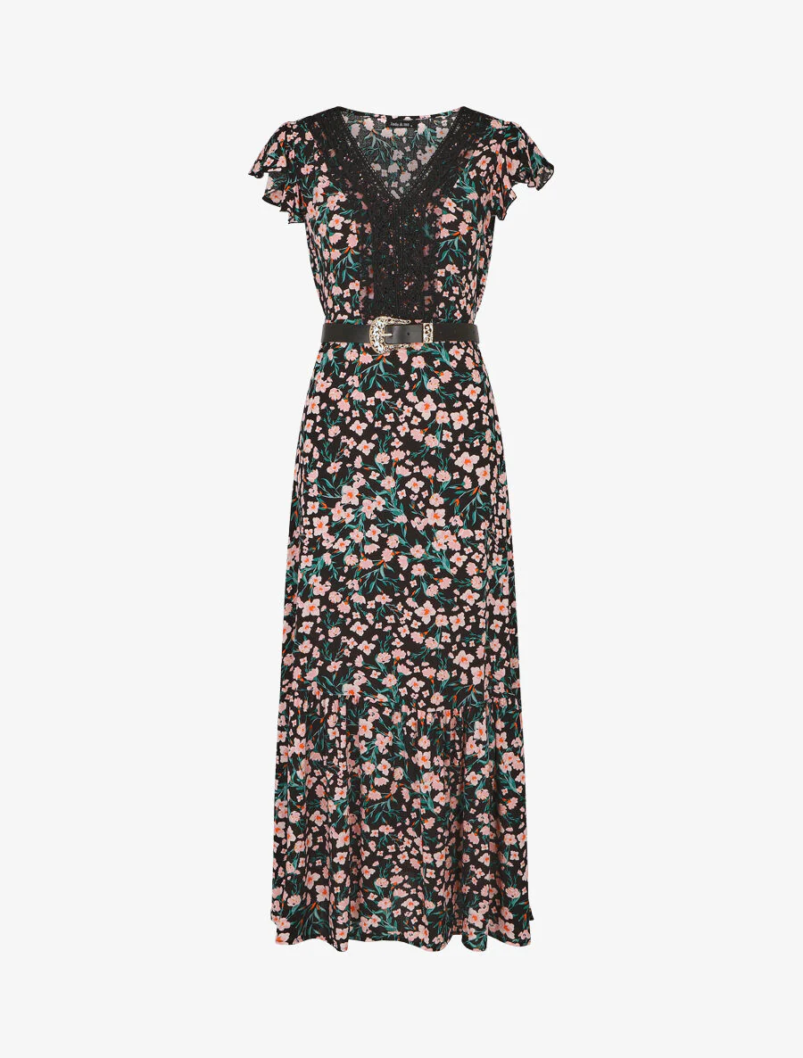 Elastische lange jurk met bloemenprint en borduursels - zwart