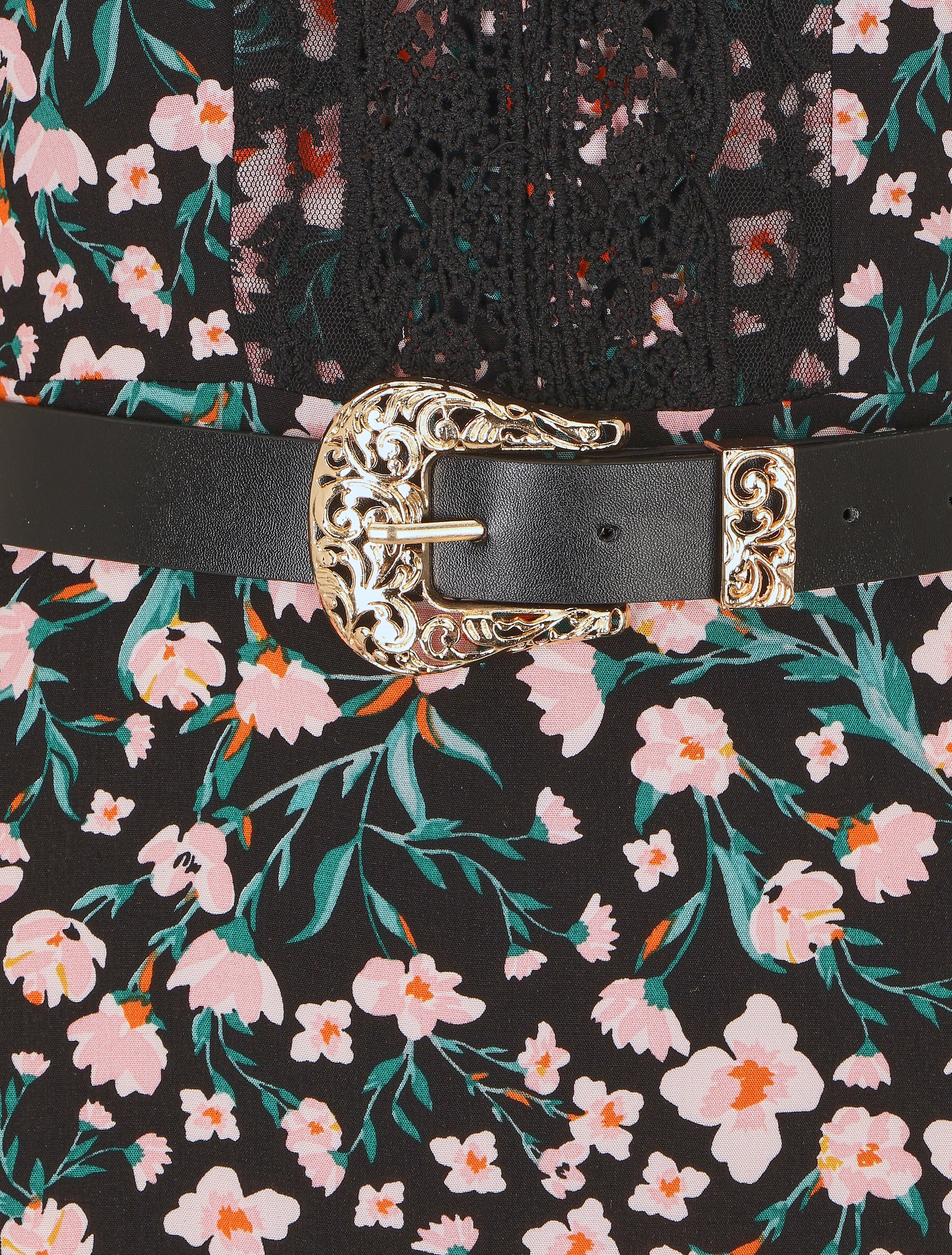 Elastische lange jurk met bloemenprint en borduursels - zwart - Image 3