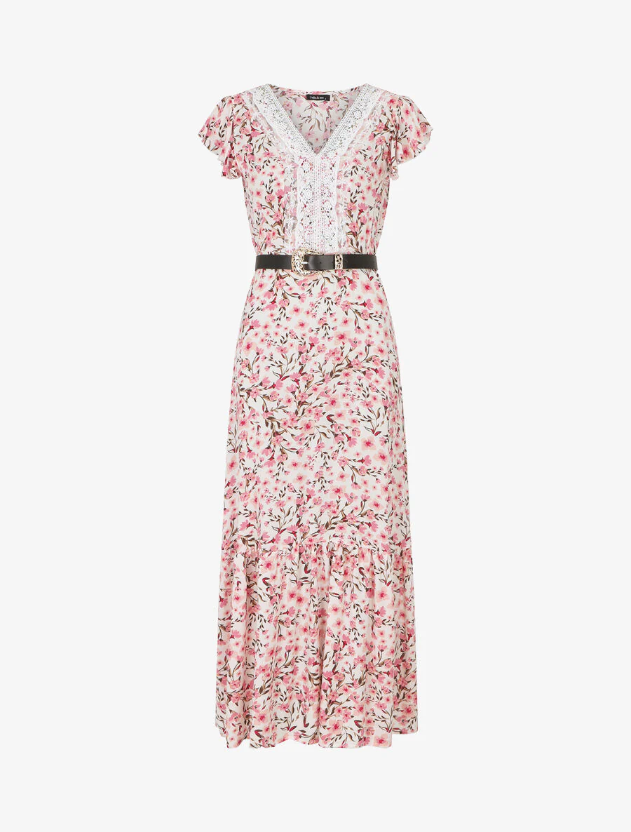 Elastische lange jurk met bloemenprint en borduursels - Wit