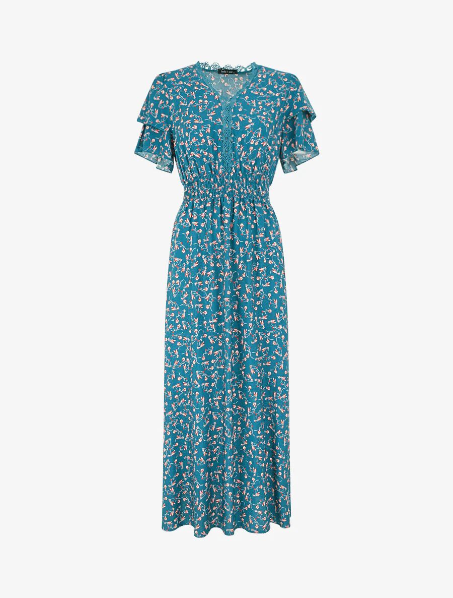Elastische lange jurk met bloemenprint - Blauwgroen - Image 2