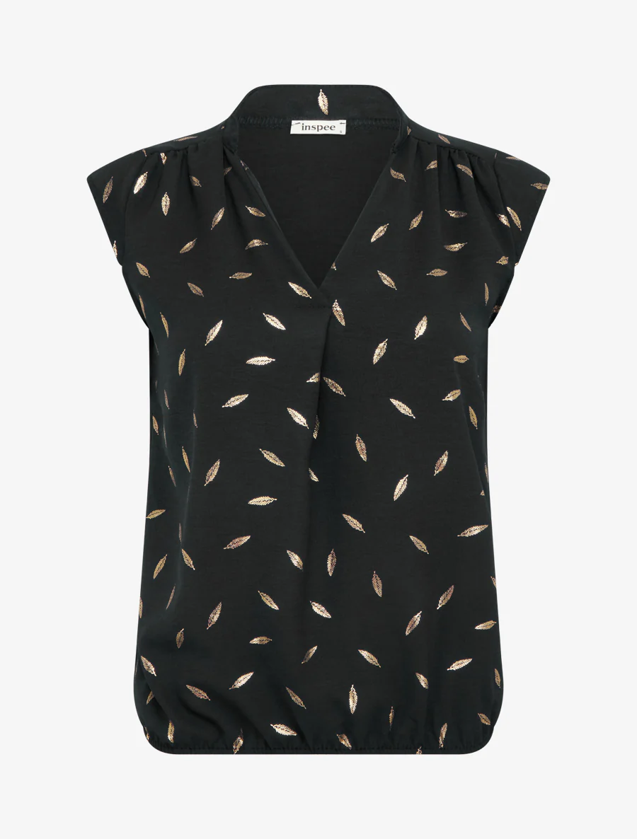 Elastische top met iriserende verenprint. - Zwart