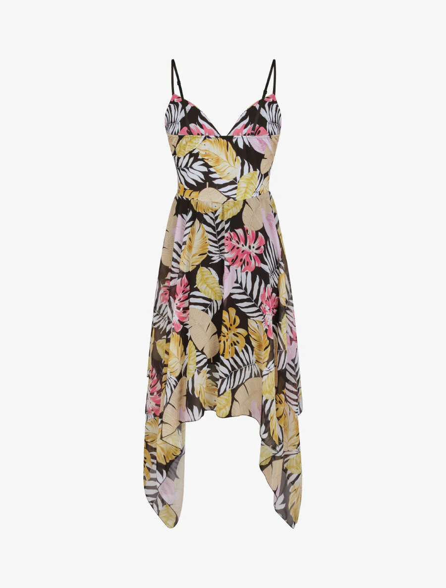 Empire halflange asymmetrische tropische bladeren print jurk - Zwart - Image 2