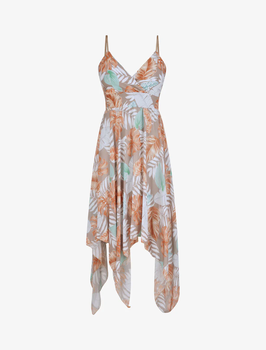 Empire halflange asymmetrische tropische bladeren print jurk - Camel