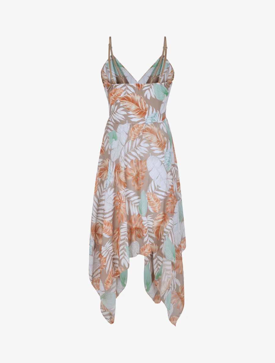 Empire halflange asymmetrische tropische bladeren print jurk - Camel - Image 2