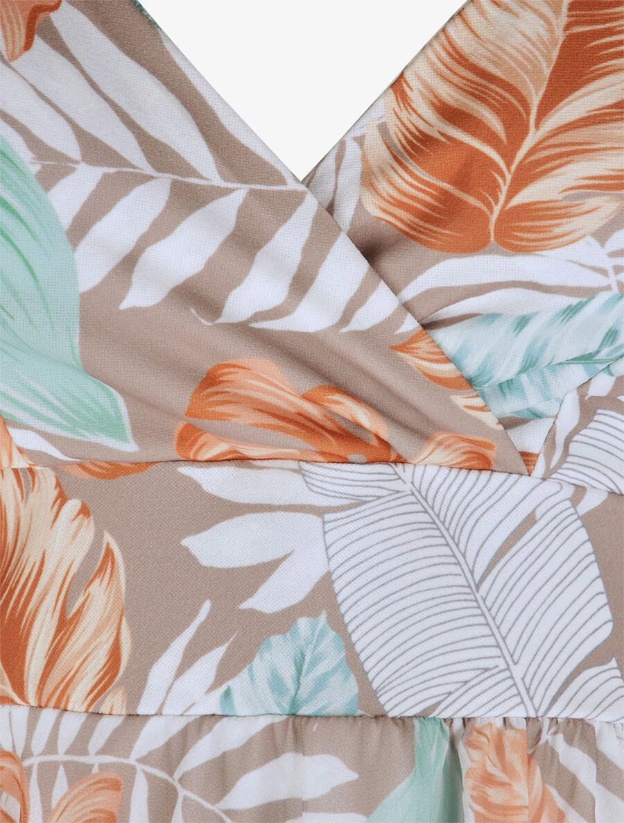 Empire halflange asymmetrische tropische bladeren print jurk - Camel - Image 3