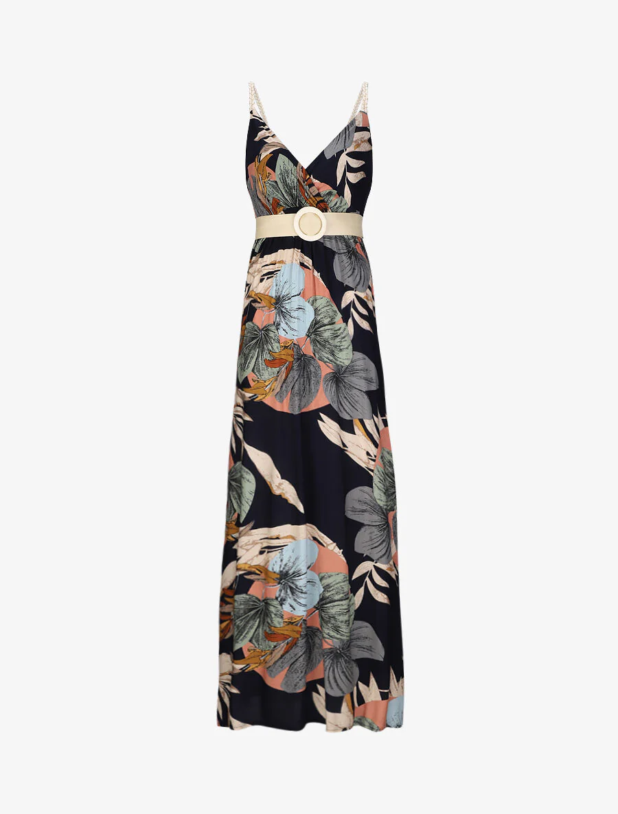Empire lange bloemenprint met gevlochten schouderbanden - Donkerblauw