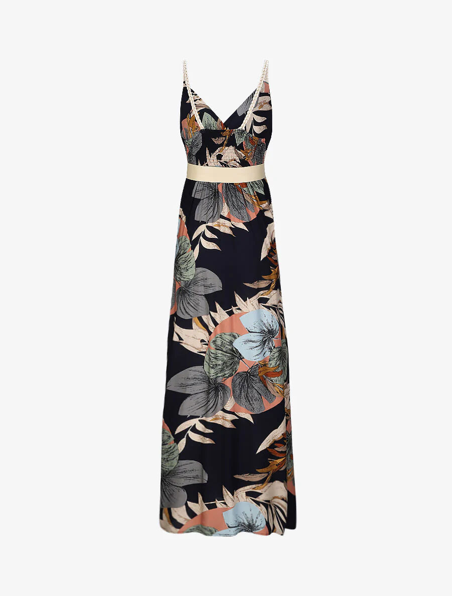 Empire lange bloemenprint met gevlochten schouderbanden - Donkerblauw - Image 2