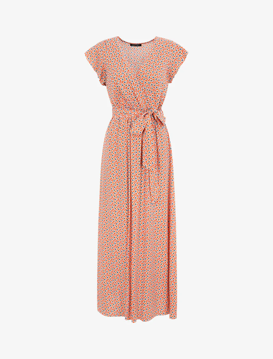 Empire lange jurk met gevlochten schouders met gestileerde margrieten print - oranje