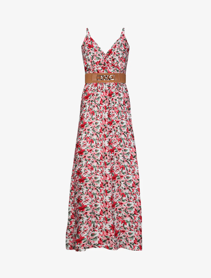 Empire lange jurk met schouderbandjes en abstracte bloemenprint - Wit