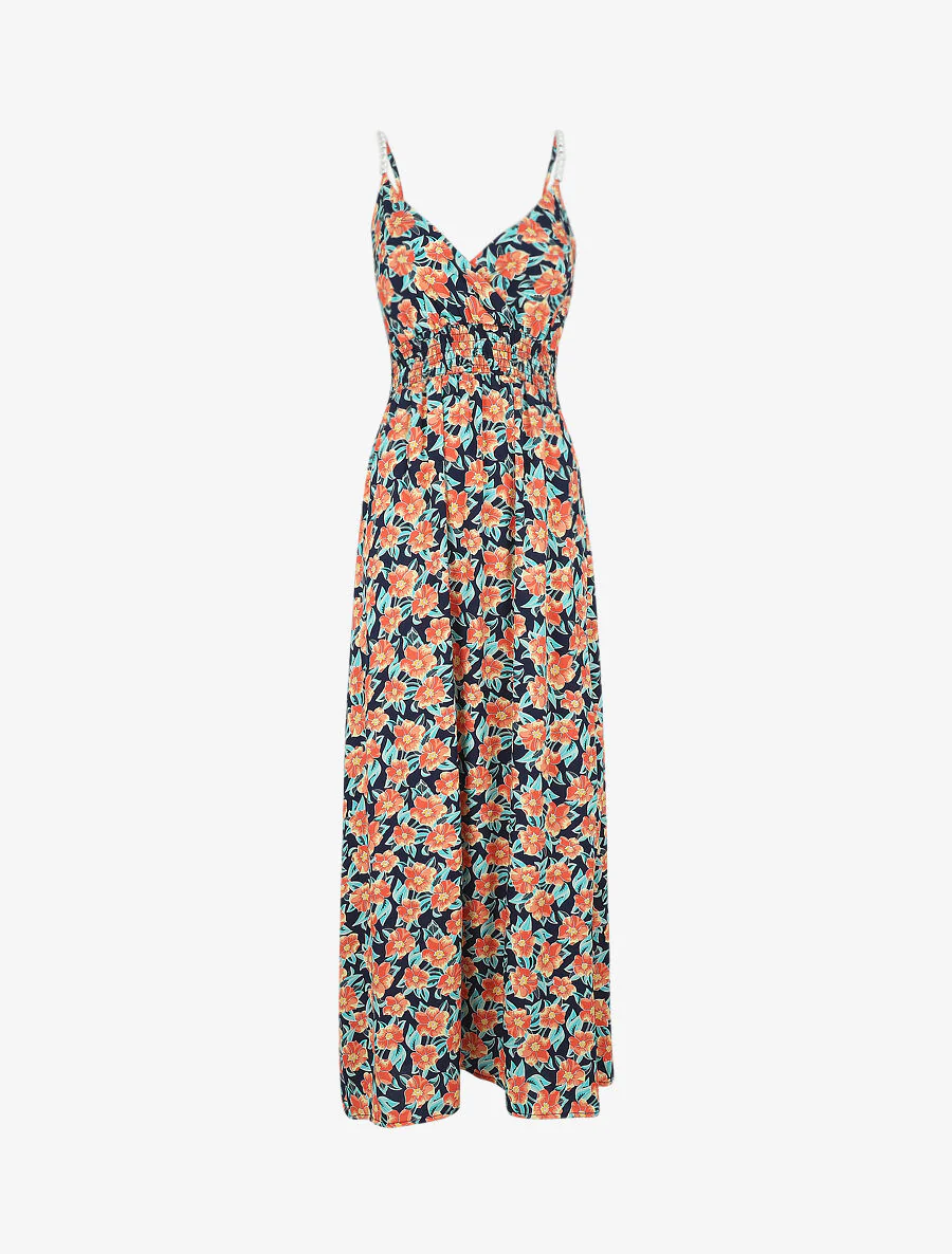Empire lange jurk met tropische bloemenprint met parelbandjes - Marine