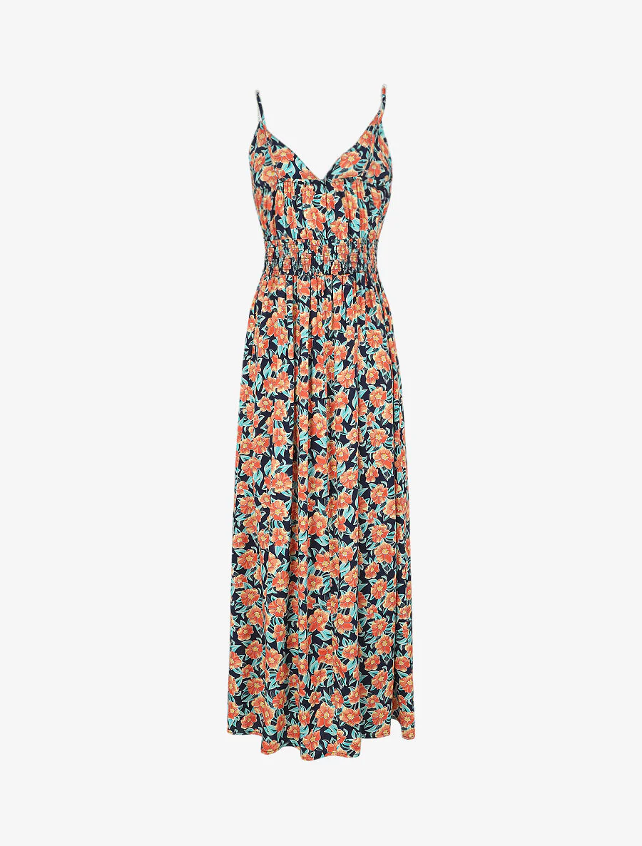 Empire lange jurk met tropische bloemenprint met parelbandjes - Marine - Image 2