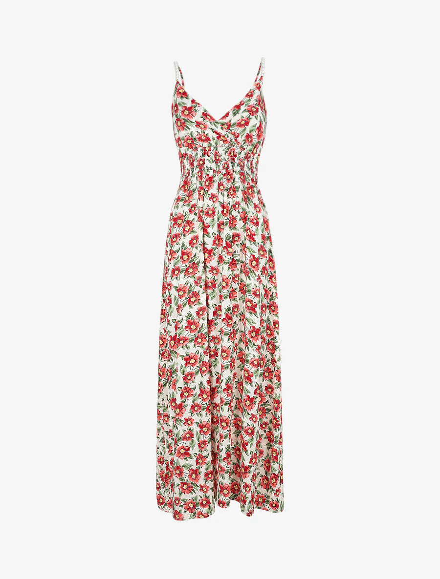 Empire lange jurk met tropische bloemenprint met parelbandjes - Wit
