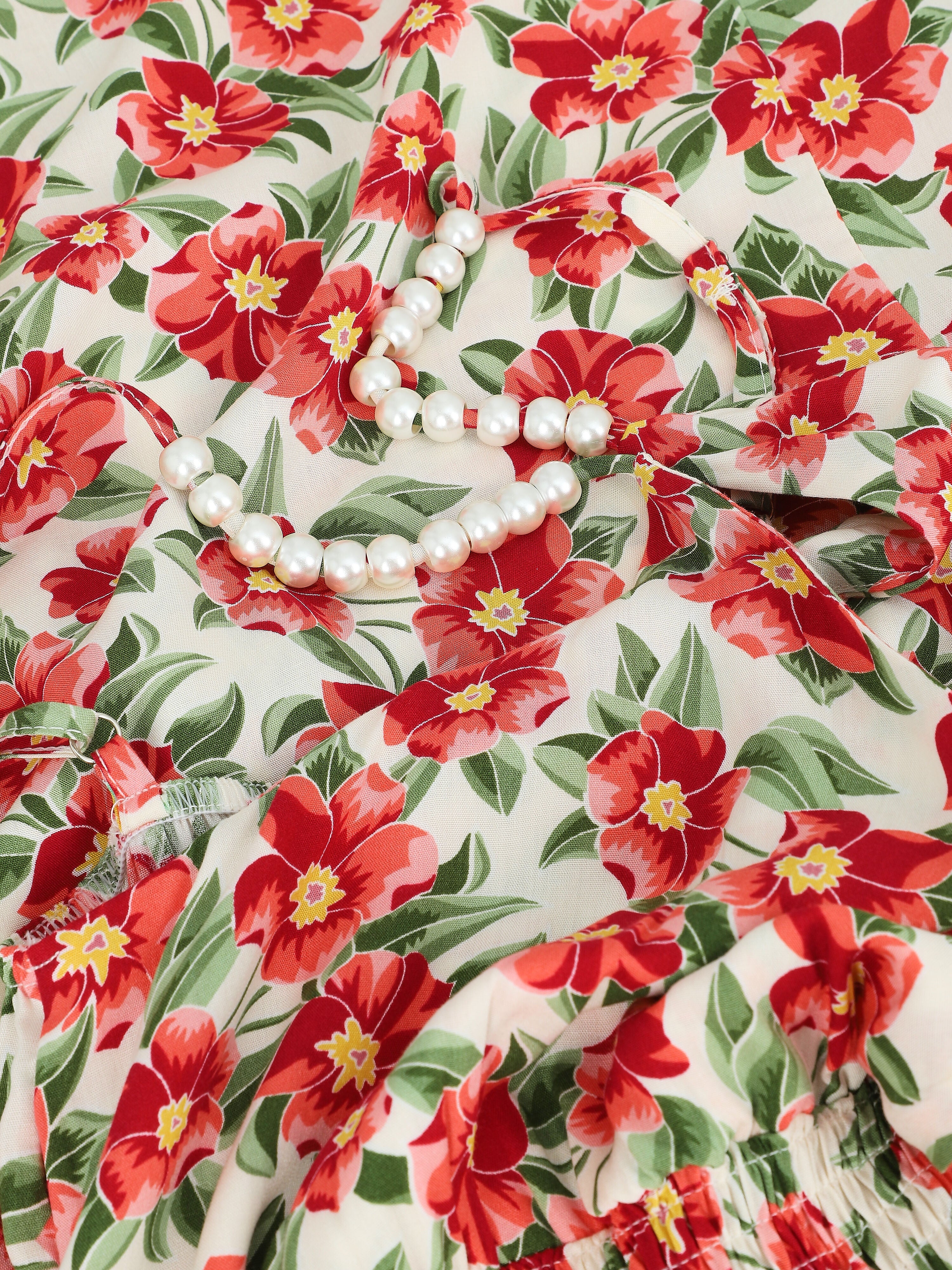 Empire lange jurk met tropische bloemenprint met parelbandjes - Wit - Image 3