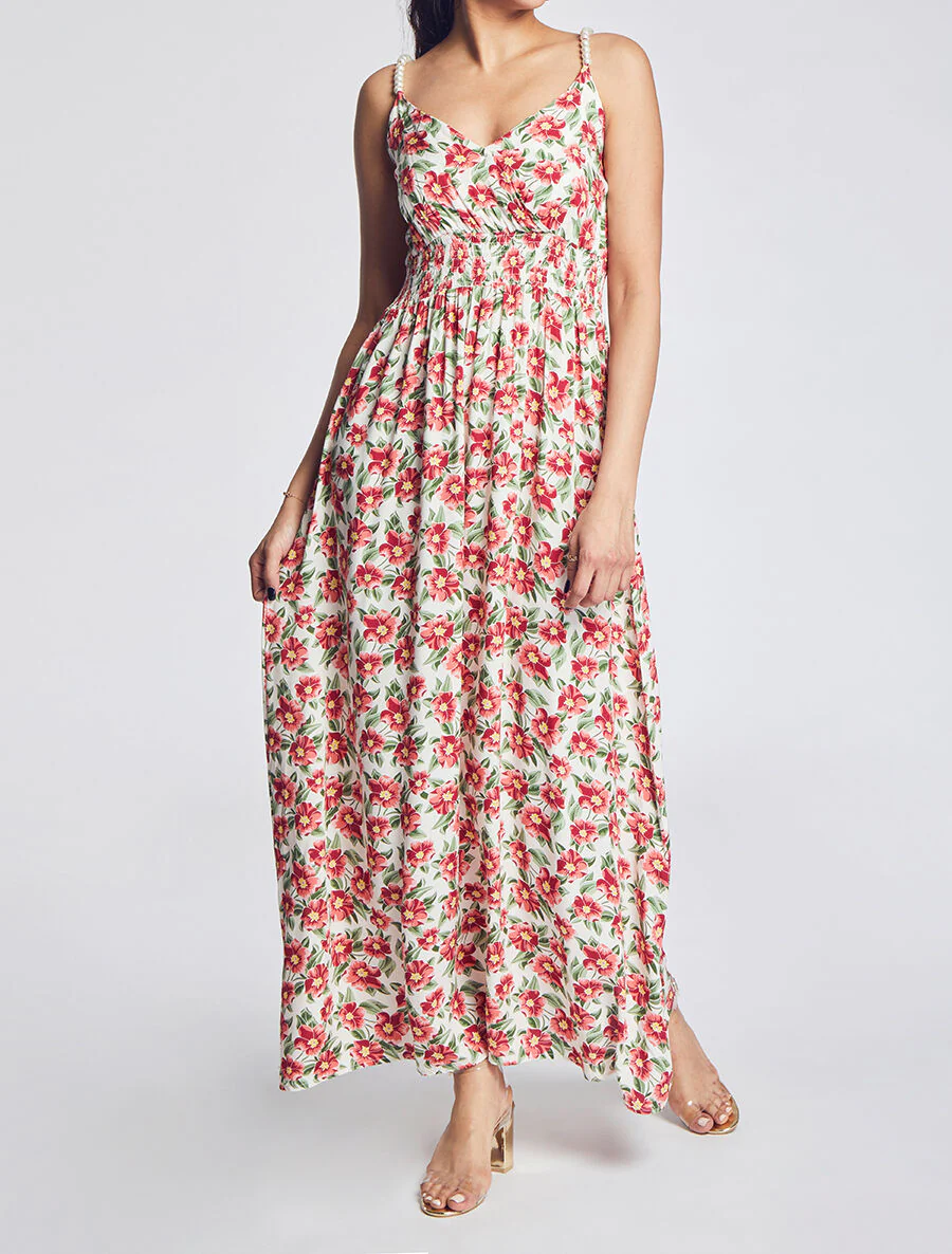Empire lange jurk met tropische bloemenprint met parelbandjes - Wit - Image 4