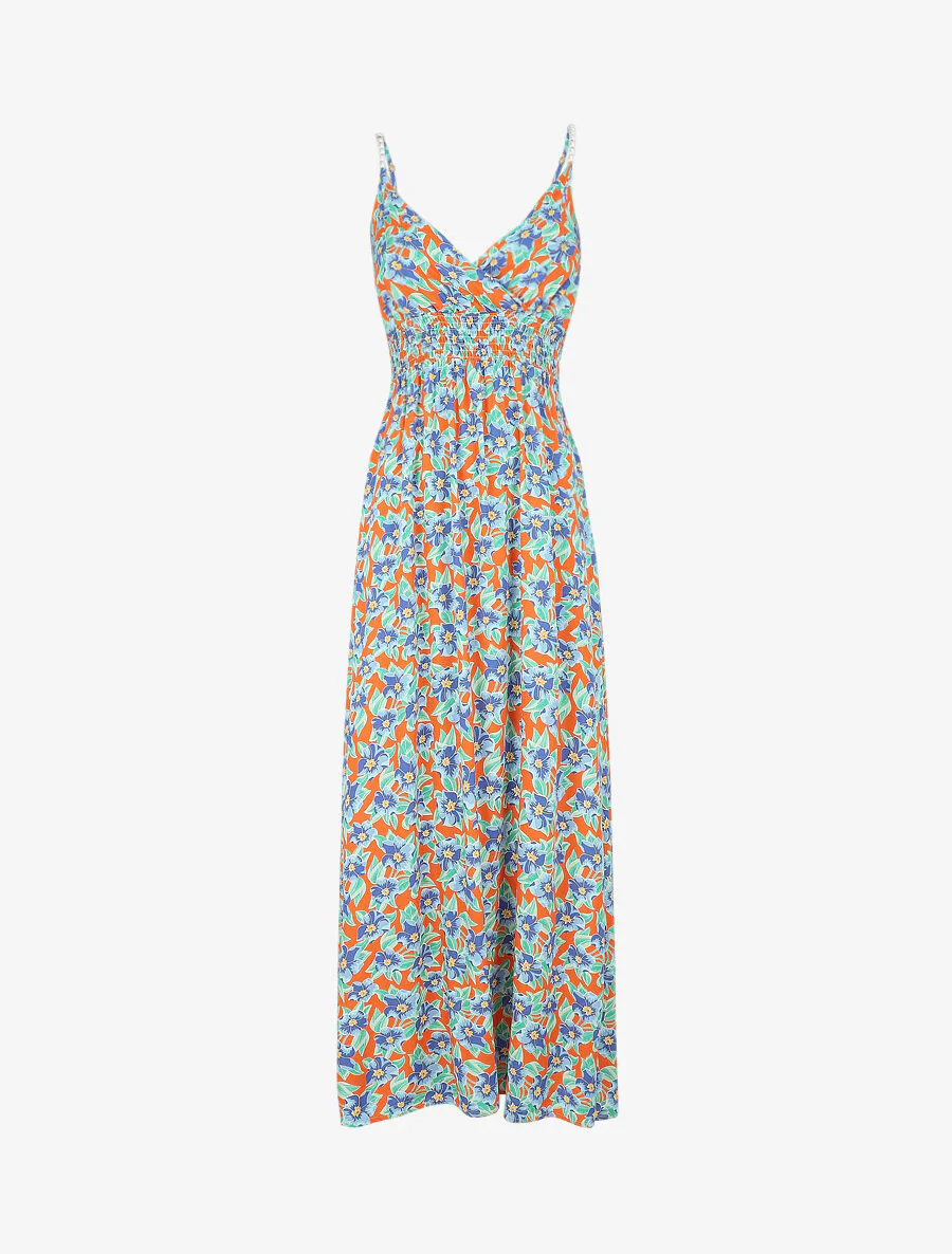 Empire lange jurk met tropische bloemenprint met parelbandjes - oranje