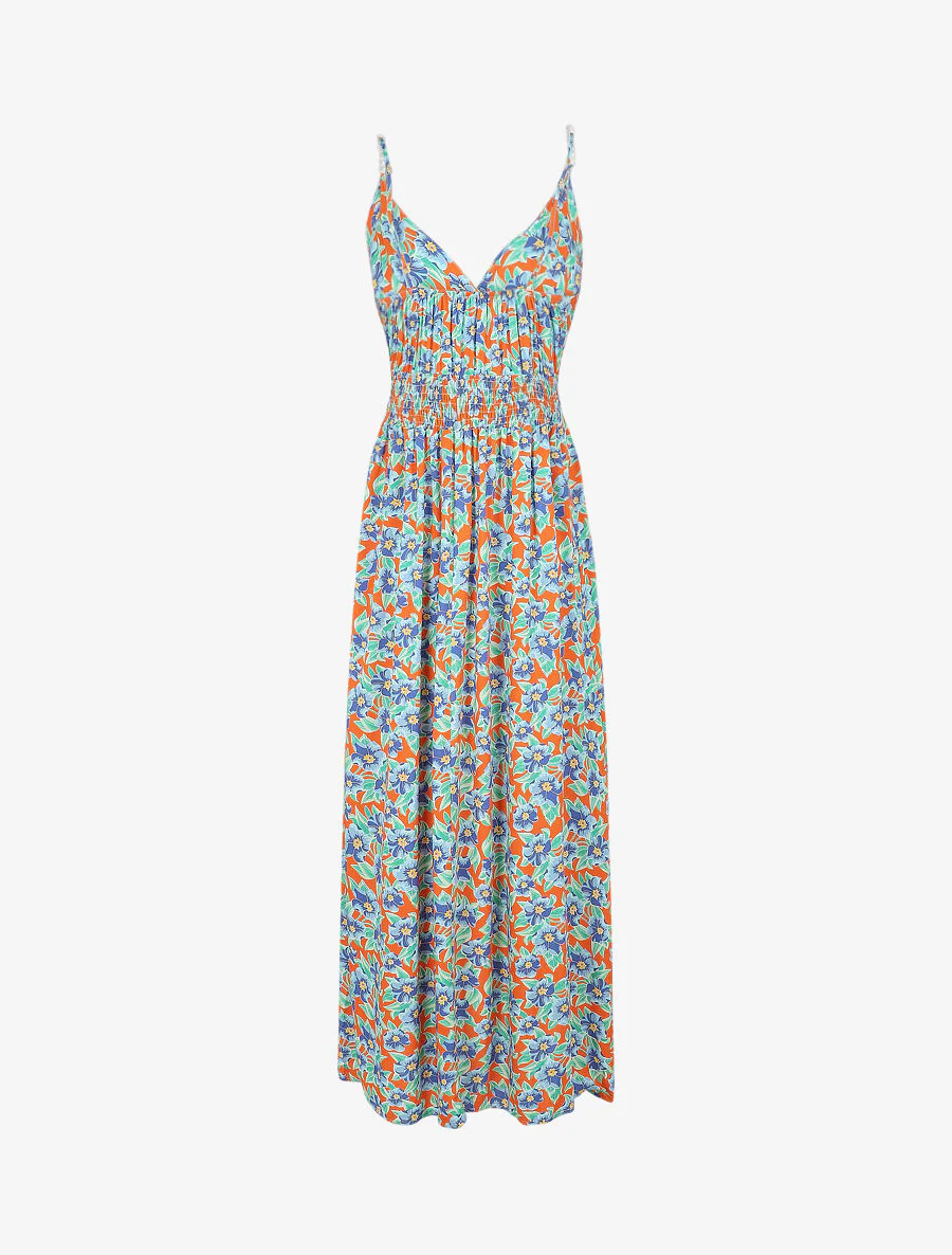 Empire lange jurk met tropische bloemenprint met parelbandjes - oranje - Image 2