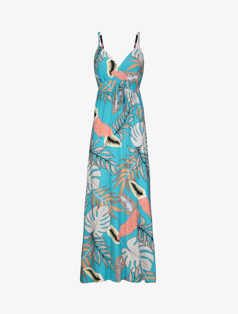 Empire lange jurk met tropische plantenprint en schouderbandjes - Blauw turquoise