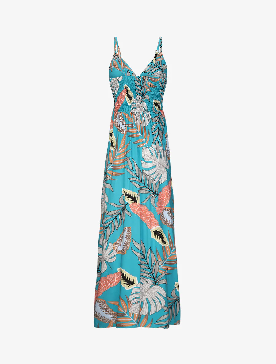 Empire lange jurk met tropische plantenprint en schouderbandjes - Blauw turquoise - Image 2