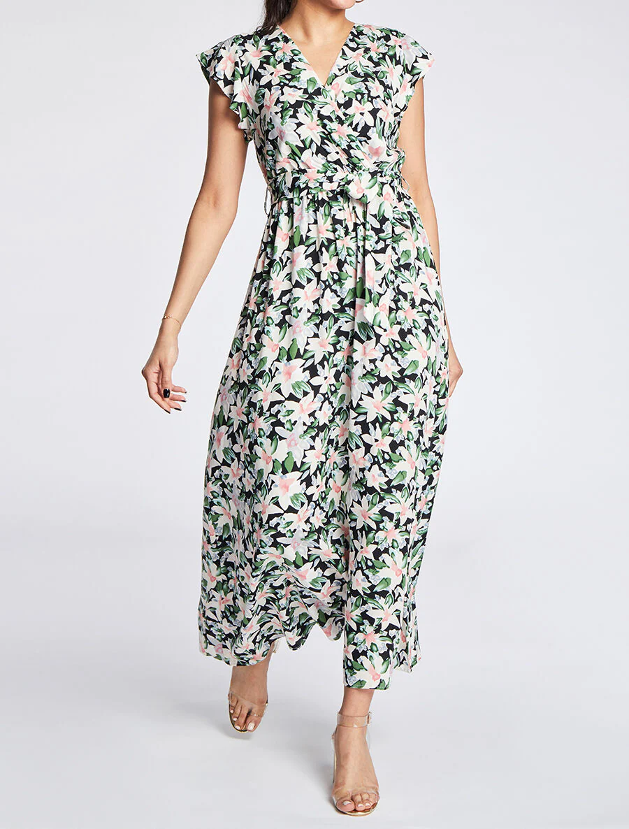 Empire lange jurk met volant schouders waterverf bloemenprint - Zwart - Image 4