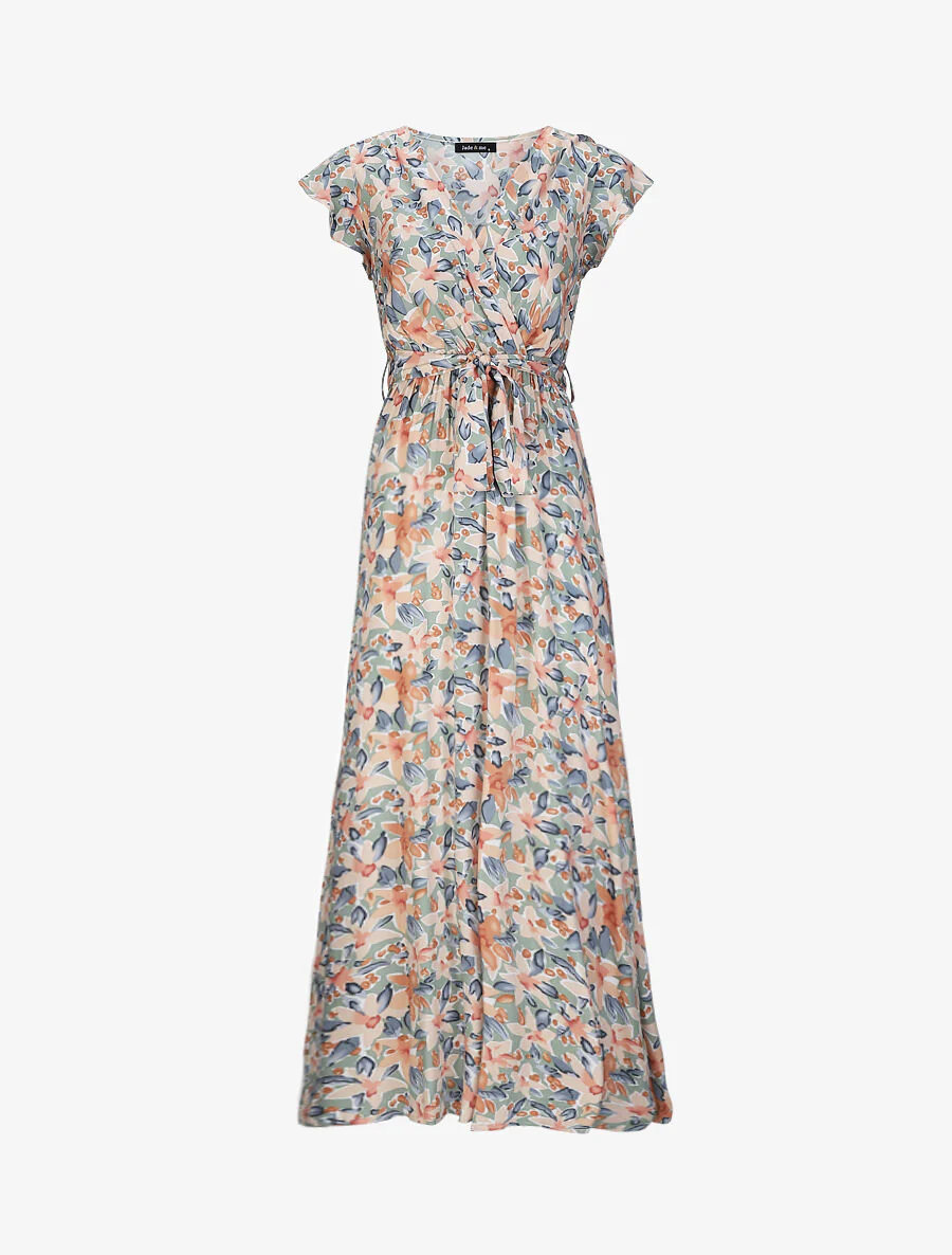 Empire lange jurk met volant schouders waterverf bloemenprint - Olijfgroen