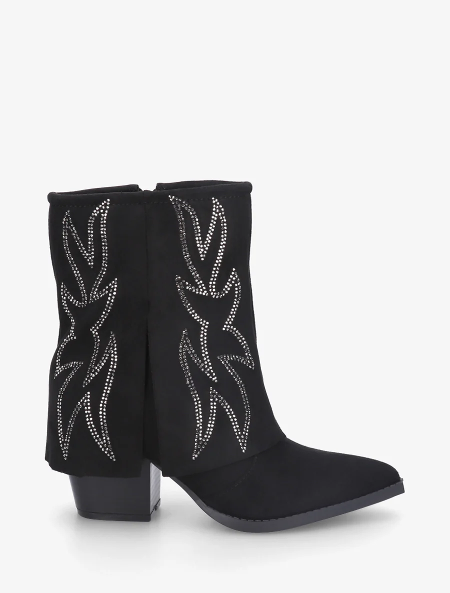 Enkellaarsjes in cowboylaarsstijl met strass-steentjes - Zwart