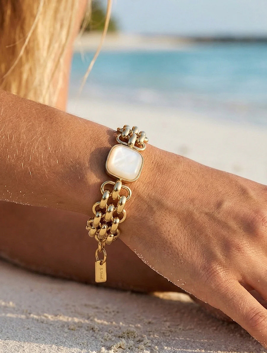 Fantasie mesh armband met inzetstuk van hars - Beige